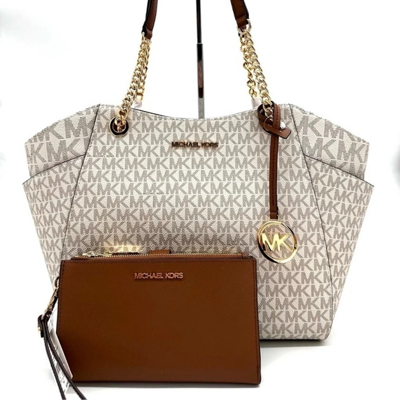 Michael Kors Large Jet Set Travel Chain Shoulder Bag & Double Zip Wallet Vanilla - Picture 1 of 14